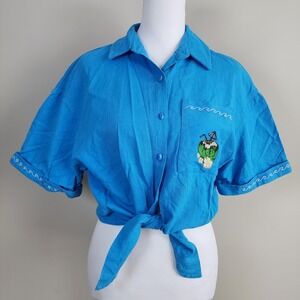 Vintage Linen Blend Shirt Womens L Tie Front Crop Blouse Coconut Cruise Resort